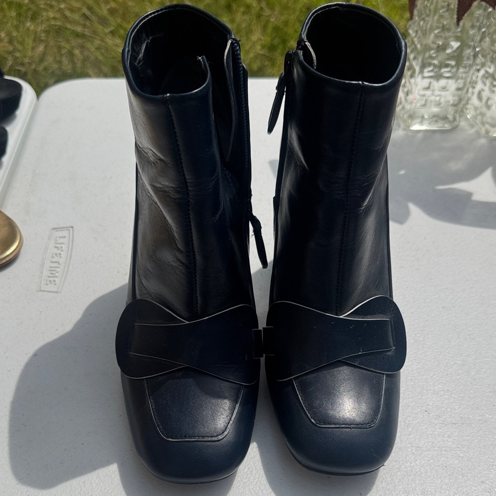 Tory Burch Black Leather Ankle Booties with Bow Accent